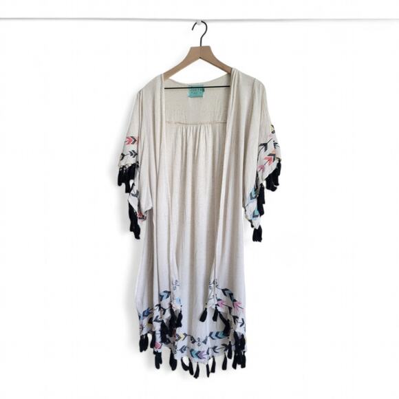 Judith March Embroidered Boho Tassel Cardigan Size Small Cream Linen Blend - Picture 3 of 8